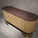 Rounded Two-Door Sideboard with Geometric Patterned Panels Dark Natural Wood Veneer Top and Gold-Tone Openwork Metal Base